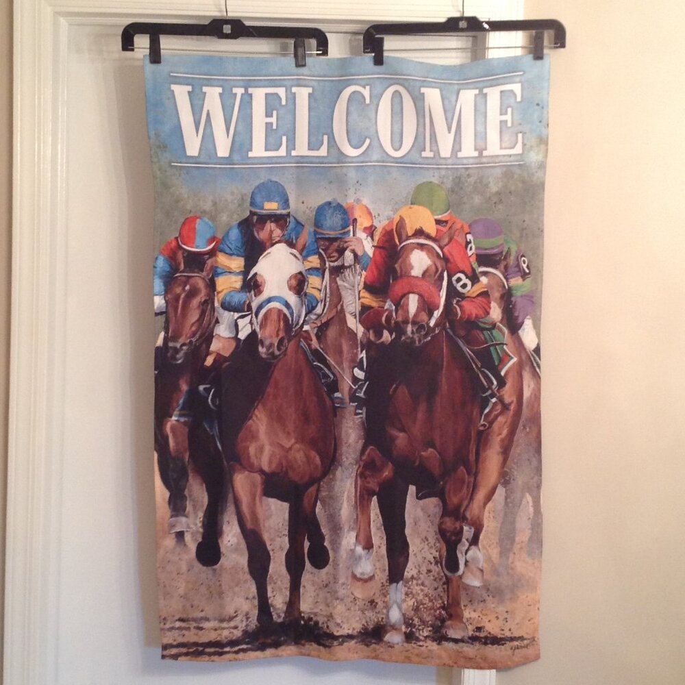 NWOT John Ward Equestrian Horse Racing WELCOME House Decorative Flag